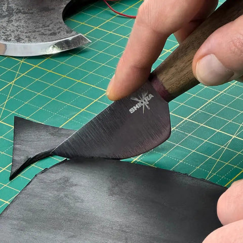 Round Leather Knife For Cutting, Trimming, Skiving And Shaping Pro Grade High Carbon Steel Blade with wooden handle in use