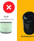 Comparison of BS-08 and BS-03 Home Air Purifiers with correct and incorrect HEPA replacement filters displayed