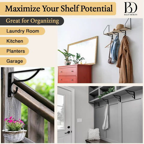 Beefy Heavy Duty 10 Inch Closet Rod Bracket 4 Pack Wall Mounted Shelf Hooks in use for organizing various home spaces.