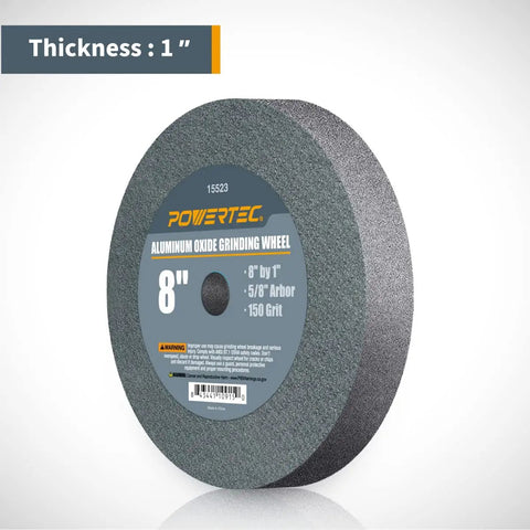 Heavy Duty 8 Inch Bench Grinder Wheels Two Pack White Aluminum Oxide 120 And 150 Grit 1 Inch Thick With 5/8 Arbor Fits Most Pedestal Machines Sweet For Sharpening Blades Chisels And Drill Bits Dead Nuts Durable 150 grit abrasive wheel on white background.