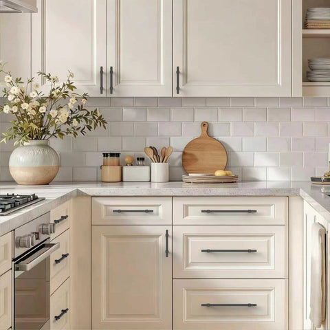 Kitchen cabinets with Matte Black Cabinet Pulls 5 Inch 128mm Hole Centers Set Of 10 Durable Metal Construction.