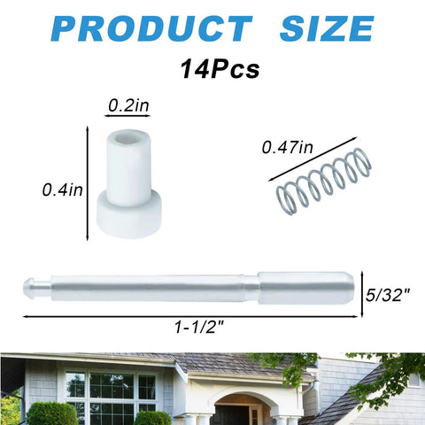 14 Pack Aluminum Window Screen Plunger Latches With Cap Pins And Springs Slick Hella Secure Replacement Clips For A Knockout Hold showing size measurements.