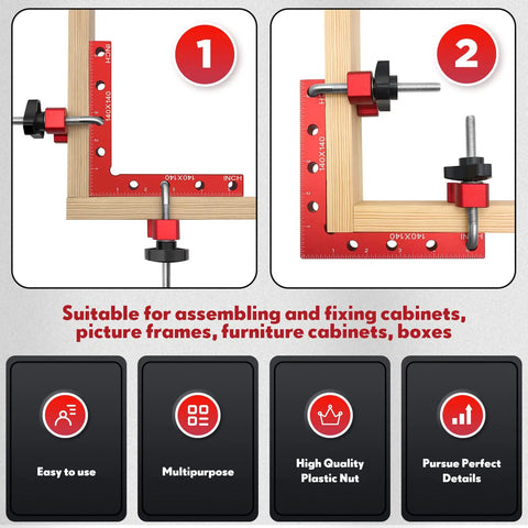 90 Degree Corner Clamp Set With Aluminum Right Angle Squares 4 Clamps And 4 Squares for framing and fixing cabinets detail