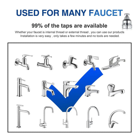 Diagram showing compatibility of 360 Degree Rotating Faucet Aerator Attachment With 3 Mode Spray for various faucet types.