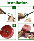 Installation guide for 100mm 4 Hole Saw Set With 1.4 Inch Cutting Depth Bi Metal HSS Hole Cutter showing assembly steps