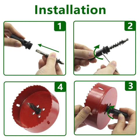 Installation guide for 100mm 4 Hole Saw Set With 1.4 Inch Cutting Depth Bi Metal HSS Hole Cutter showing assembly steps