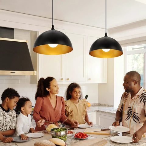 Family enjoying a meal under Two Pack Black And Gold Dome Farmhouse Pendant Lights For Kitchen Island And Dining Room
