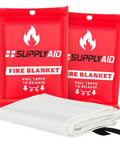 Emergency Fire Blanket 2-Pack For Home And Outdoor Safety No Mess Quick Deploy Grab-And-Go Fire Suppression For Small Fires Camping Gear And Safety Supplies White RRS-FSB-2PK in red packaging with folded white blankets