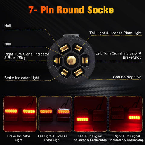 Dreamdragon 7-pin round trailer light kit diagram; front view of socket with brake, turn, tail and license plate lights