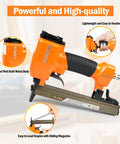 Pneumatic Upholstery Stapler 22 Gauge Continuous Firing, Three-Eighth Inch Crown, Fits 71 Series Staples in hand for furniture crafting.