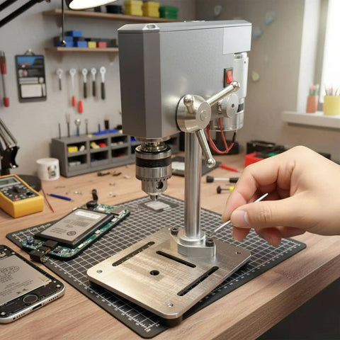 Compact Mini Drill Press Desk Machine Adjustable 12-24V Power Stable Bench Tool With 0.6-6mm Chuck For DIY Workshops setup on workbench.