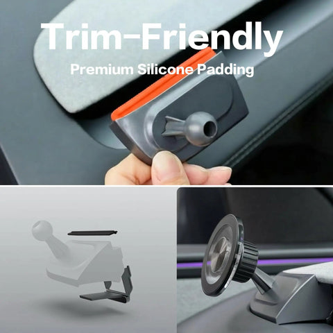 Tesla Magnetic Phone Mount For Model 3 Highland 2024 And Model Y Juniper 2025 Refresh Driver Side Corner Vent No Fuss Install Fixed Base 360 Degree Rotating Head MagSafe Ready Black showing trim-friendly silicone padding.