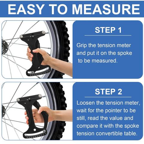 Steps to use an 8 Piece Bicycle Spoke Tension Meter Wrench Set with Tire Levers and Tools Portable Wheel Spoke Indicator Tensiometer.