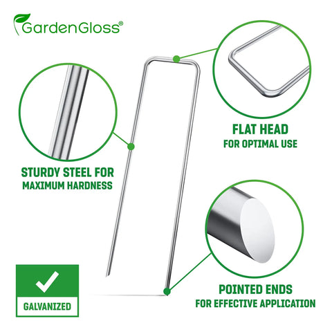 Heavy Duty 6 Inch Galvanized Landscape Staples Pack Of 50 Pro Grade Lawn Ground Spikes And Stakes For Weed Barrier Fabric And Landscaping, Rust Free And Extra Strong Steel For All Weather, close-up view showing flat head and pointed ends.
