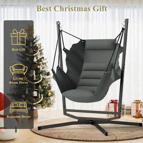 360 Degree Swivel Hammock Swing Chair With Stand Cushioned Hanging Chair For Indoor And Outdoor Use Holds Up To 400 Lbs in living room