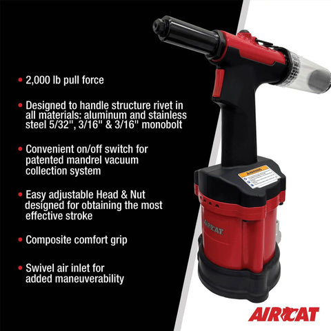 Pro Shop 3/16 Air Hydraulic Rivet Gun Built Tough For Crushing Through Aluminum And Stainless Steel With 2000 Lb Pull Force And No Fuss Mandrel Vacuum Cleanup