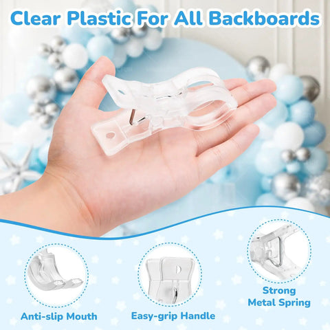 Hand holding a 3.5 inch clear plastic spring clamp from the 10 Pack Balloon Arch Clips Kit for backdrops and decorations