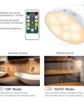 Diagram of Six Pack Warm White Motion Sensor LED Puck Lights With USB Rechargeable Battery Under Cabinet with remote control features.