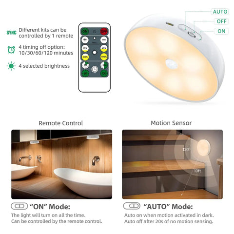 Diagram of Six Pack Warm White Motion Sensor LED Puck Lights With USB Rechargeable Battery Under Cabinet with remote control features.