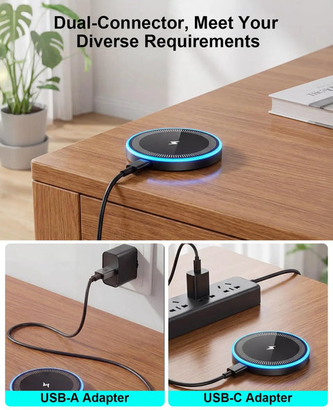 Two Pack Magnetic Wireless Charger Pad With Six Foot USB C And USB A Ports Fast Charge on desk showing dual adapters