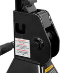 Close-up of Hydraulic Trolley Floor Jack Combo With 2 Ton Capacity And 2 Jack Stands, Heavy Duty Steel, warning label visible.