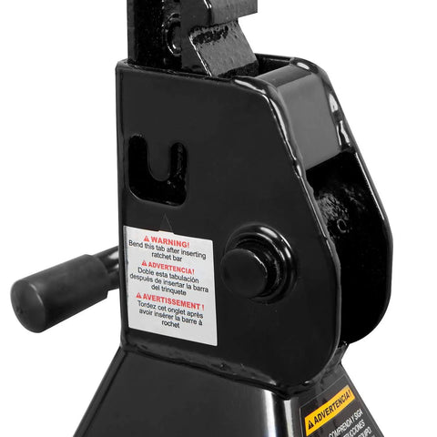 Close-up of Hydraulic Trolley Floor Jack Combo With 2 Ton Capacity And 2 Jack Stands, Heavy Duty Steel, warning label visible.