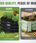 Comparison of a black galvanized oval raised garden bed with no soil leakage versus a leaking metal garden bed