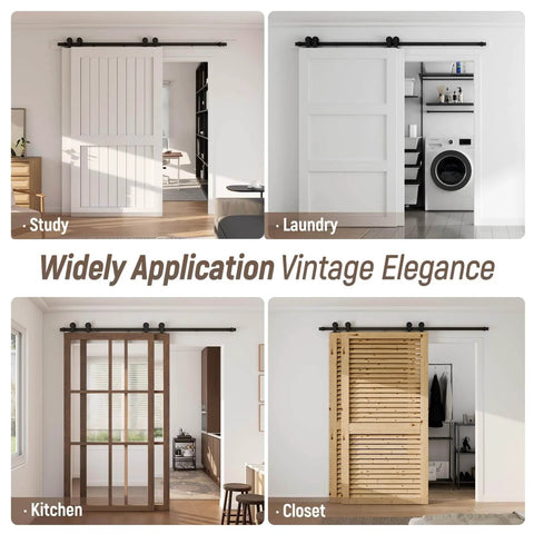 Heavy Duty 4Ft Bypass Sliding Barn Door Hardware Kit Built Tough For Two Doors Single Track System in various home settings.