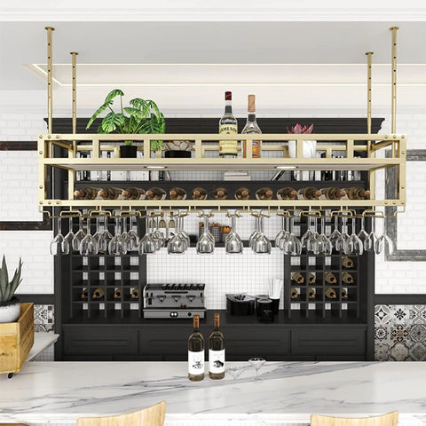 Hanging Wine Rack With Glass Holder And Shelf For Ceiling Garage Storage And Plant Display Heavy Duty Iron Bracket Easy Install Supports Up To 100kg For Home Or Garage Use, gold finish hanging in a kitchen.