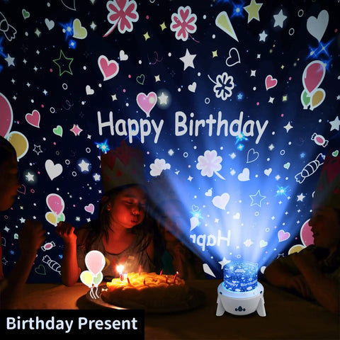 Kids Night Light Projector For Bedroom with birthday theme, children around cake, galaxy stars and planets projection