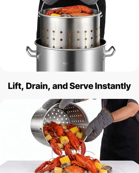 42 Quart Stainless Steel Stock Pot With Strainer, Lid And Handles, Heavy Duty Commercial Grade used for cooking seafood