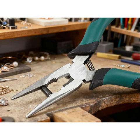 12 Piece 6 Inch Spring Needle Nose Pliers Set With Heavy Duty Steel, Insulated Nonslip Rubber Handles on a workbench