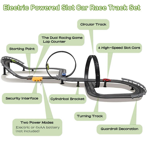 Epic Slot Car Race Track Set With 23 Foot Track, 4 Cars, featuring loops, crossover, dual lap counters, electric and battery powered.