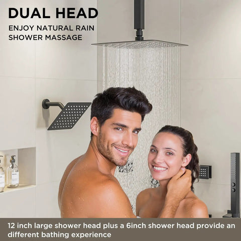 Straight Up Premium Matte Black Shower System With Ceiling Rainfall Head And Handheld Sprayer Plus Four Body Jets Built Tough For Smooth Water Flow And Real Spa Vibes Everywhere