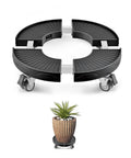 Heavy Duty Round Trash Can Dolly With 4 Lockable Wheels 440lb Capacity Adjustable 15 To 22.8 Inches Drum Roller Base holding a potted plant