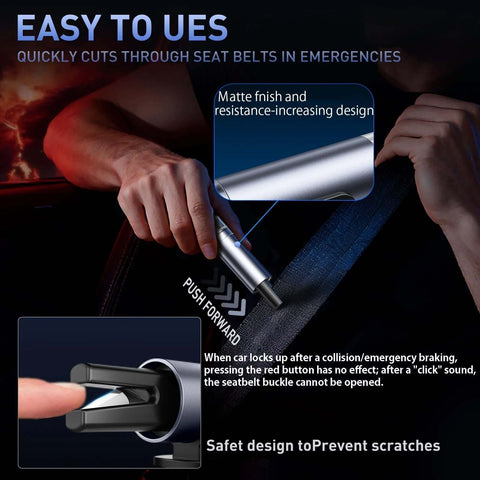 Front view of a metallic silver SKINNYON 3-pack car safety hammer with window breaker and seatbelt cutter