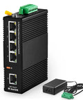 5 Port Industrial DIN Rail Network Switch with 4 Local Ethernet Ports and 1 Uplink, Fast Ethernet, shown with power supply