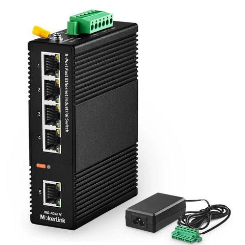 5 Port Industrial DIN Rail Network Switch with 4 Local Ethernet Ports and 1 Uplink, Fast Ethernet, shown with power supply