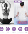 Two Piece Yoga Bolster Set With Rectangular Back Support And Crescent Neck Cushions, Measuring 25.6x9.8x6 And 16.9x10.6x5.5 Inches, Perfect For Yin, Restorative, And Deep Stretch Sessions, Moisture Resistant And Plush Cushions For Everyday Comfort. Purple bolster used in seated yoga posture for back support.
