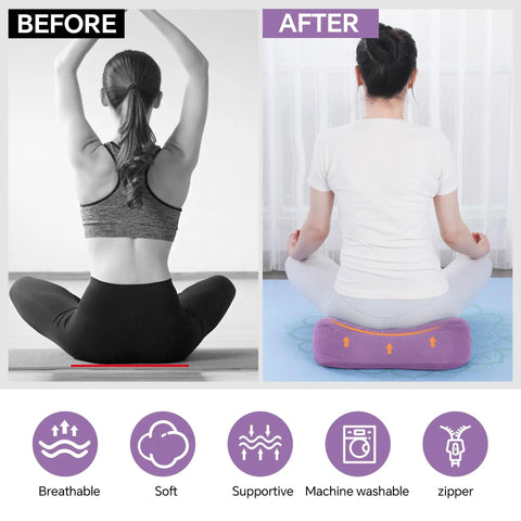 Two Piece Yoga Bolster Set With Rectangular Back Support And Crescent Neck Cushions, Measuring 25.6x9.8x6 And 16.9x10.6x5.5 Inches, Perfect For Yin, Restorative, And Deep Stretch Sessions, Moisture Resistant And Plush Cushions For Everyday Comfort. Purple bolster used in seated yoga posture for back support.
