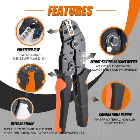Crimping Tool Kit With 280 Insulated Wire Connectors For AWG 23-13 0.25-2.5mm2 Heavy Duty Pliers Set features overview