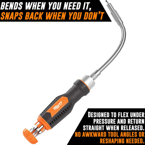 Versatile 12 In 1 Ratcheting Flexible Screwdriver For Tight Spaces shown with bendable shaft and bit holder for easy access.