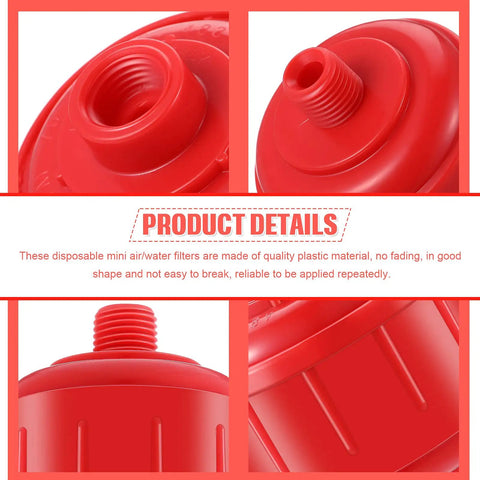 Close-up view of red 4 Pack Disposable Mini Air Water Filters For Spray Guns And Air Tools With One Quarter Inch Threads High Flow Replacement Filters.