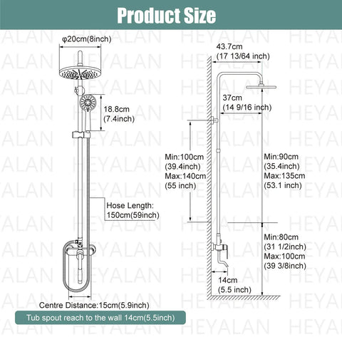 Technical drawing of Exposed Chrome Shower System With 8 Inch Rainfall Shower Head, wall mount, adjustable slide bar dimensions.