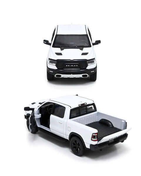 2019 Dodge Ram 1500 Die Cast Model Truck White One To Forty Six Scale Five Inch Length With Realistic Wheels And Accurate Body Details For Collectors Gearheads And Toy Car Fans, front and back view with open door, die-cast material, 1:46 scale.