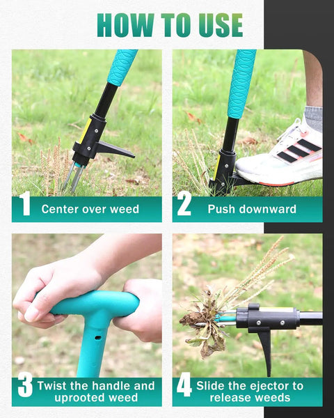 Instructions for using the Heavy Duty Stand Up Weed Puller Tool With 3 Claw Detachable Head And Long Handle for easy weed removal.
