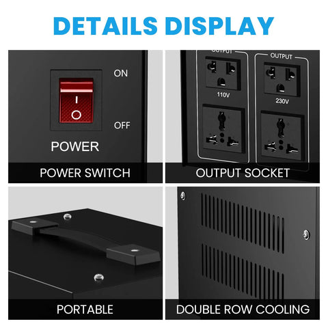 Heavy Duty 3000W Voltage Converter Transformer, Step Up Down 110V to 220V and 220V to 110V, 50-60Hz, CE Certified power switch and outlets display