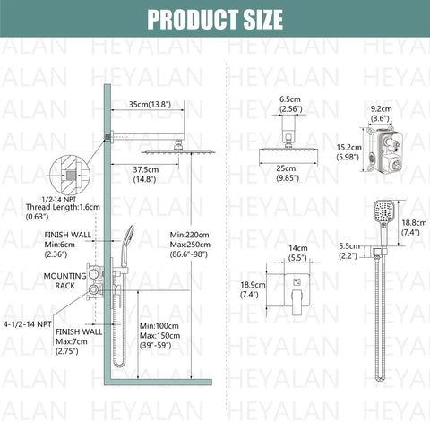 Technical drawing with dimensions for Dope Matte Black 10 Inch Square Rain Shower System With ABS Handheld Spray.
