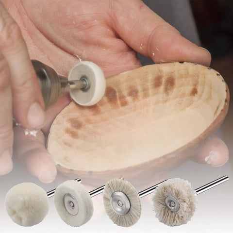 Kickass 20 Pack Wool Felt Buffing Wheels For Dremel Rotary Tools 25Mm Diameter used on wood surface with polishing tool.