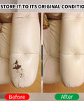 Top Tier Leather Recoloring Balm Plus Deep Color Restorer For Faded Or Split Leather Rapid Dry Beige Repair Compound before and after on leather couch arm.